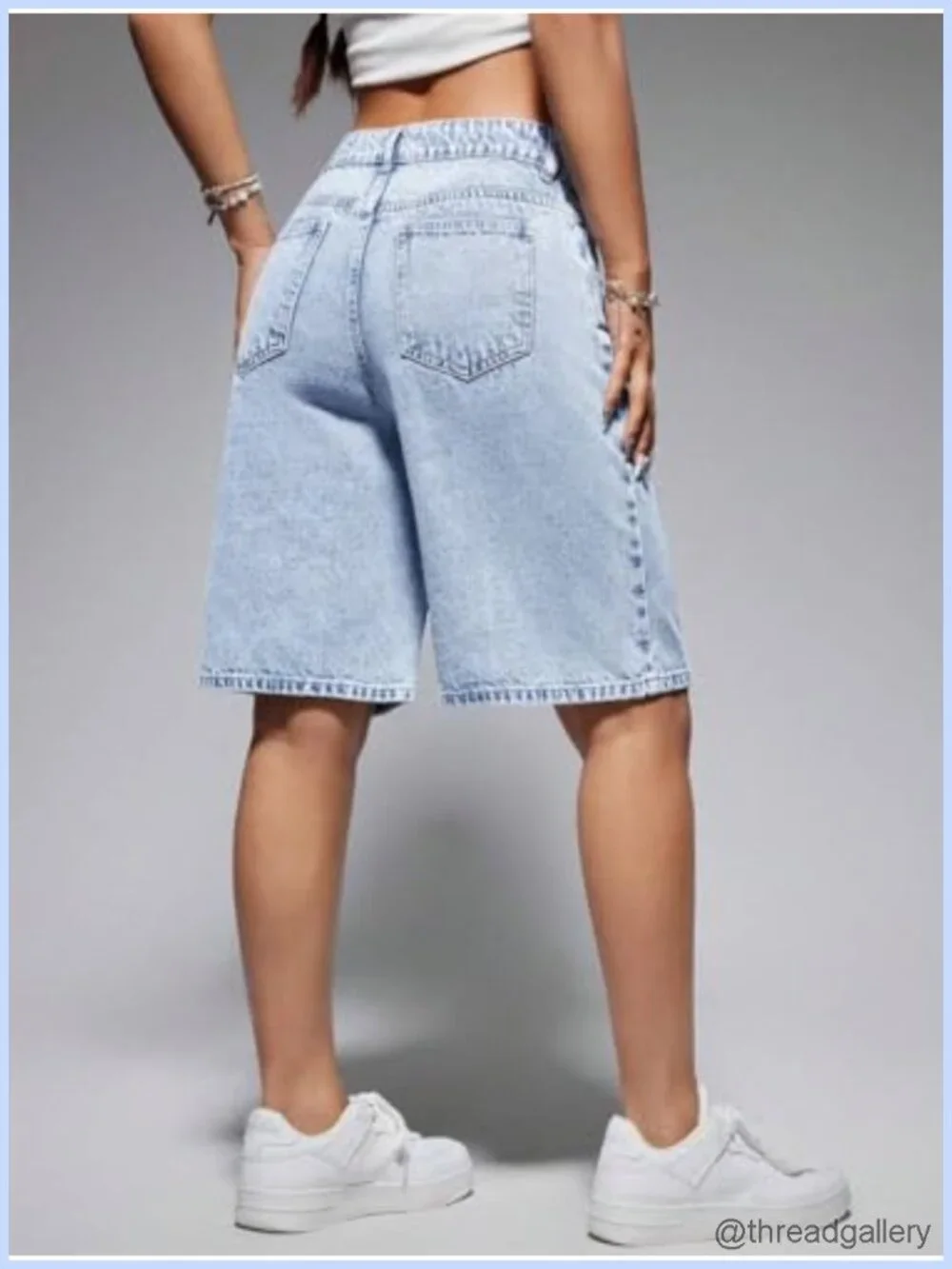 High Waisted Stretchy Denim Bermuda Shorts with Pockets